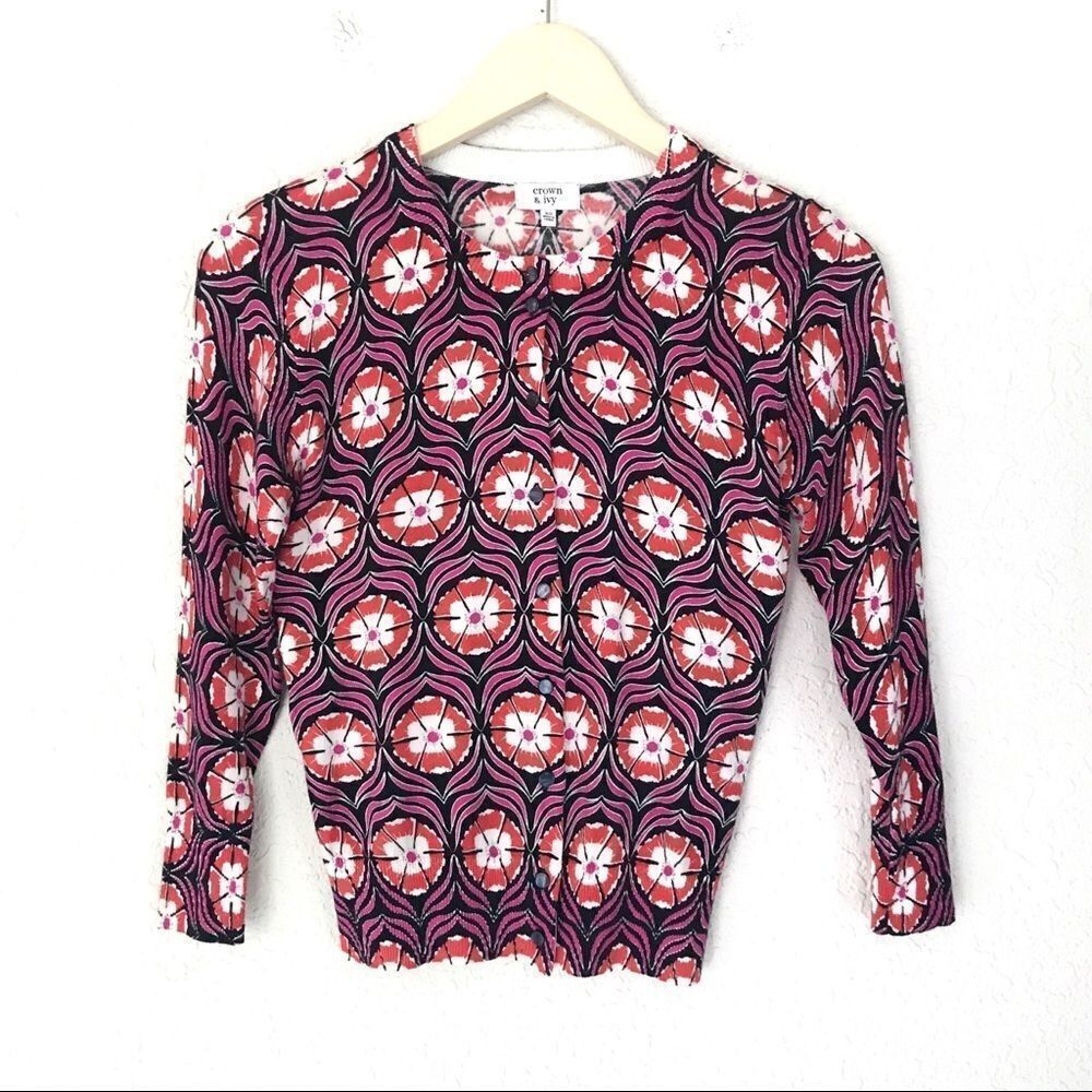 CROWN & IVY Floral Print Cardigan Button Front Stretch Cotton Purple Orange XS